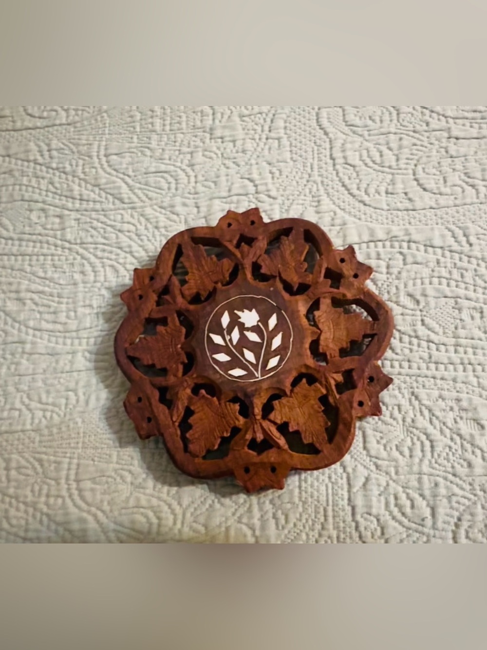 Hand Carved Wooden Trivet w/Inlaid Design 3 feet, gently used.